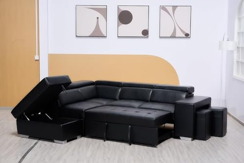 Black Bonded Leather Corner Sofa Bed - Multi-functional L Shape Suite-Left & Right Suite With Storage And Stools & Ottoman (LEFT HAND SIDE)