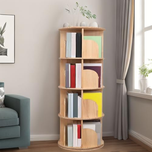 BRAVECOW Rotating Bookshelf 360 Display Floor Standing Wood Bookcase Corner Storage Rack for Adults Kids Multi-Functional Bookshelf Organizer (4tier)