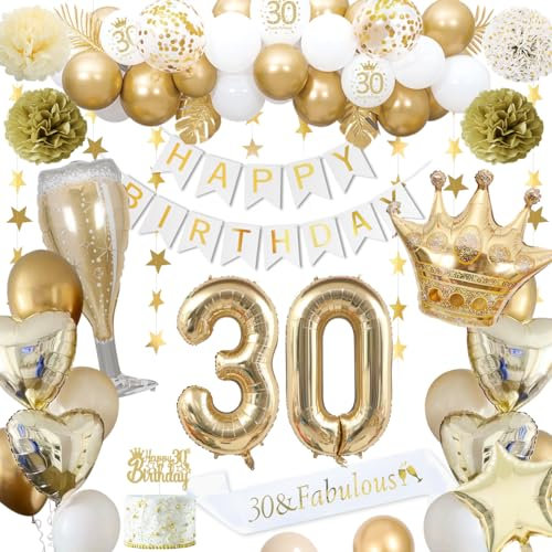 30 Geburtstagsdeko, gold 30 Geburtstag deko für Männer Frauen gold weiße Luftballons HAPPY BIRTHDAY Banner Nummer 30 Luftballons Krone Stern Herz Luftballons HAPPY 30th BIRTHDAY Kuchenaufsatz