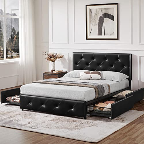 Yaheetech Polsterbett Bettrahmen 140 x 200 cm Bettgestell Doppelbett mit Lattenrost Ehebett mit höhenverstellbarem Kopfteil Stoffbett Stauraum unter dem Bett Gästebett für Schlafzimmer, Schwarz