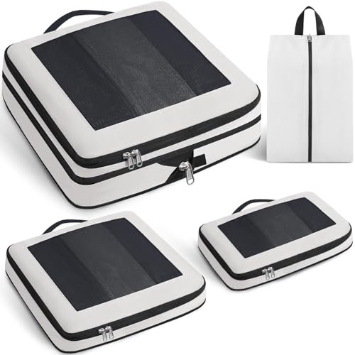 Prezon Large Compression Packing Cubes, Full Open Visible Design, Expandable Packing Organizer with Travel Shoe Bag for Suitcase & Backpack, 4 Set Lightweight Travel Bags for Vacation & Camping