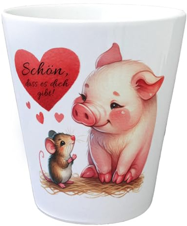 Schwein mit Maus und Herz Blumentopf mit Spruch Schön DASS es Dich gibt Tiermotiv in rot Freundlicher Blick Klein und voller Liebe