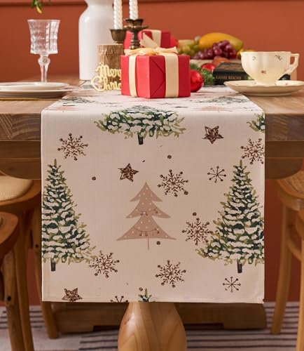 Vorysum Weihnachten Tischläufer Beige Grüner Weihnachtsbaum Schneeflocken Weihnachten Tischläufer Modern Saisonnal Winter Küche Tisch Dekoration Drinnen Urlaub Party Dekor 40x140 cm (Weihnachtsbaum