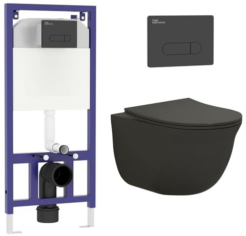 Royal Bathrooms Contemporary Matt Black Wall Hung Rimless Toilet with Cistern Quick Release Slim Soft Close Seat Round Shape Bathroom & Aqua Black Plate Wall Hung Frame - Divine