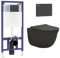 Royal Bathrooms Contemporary Matt Black Wall Hung Rimless Toilet with Cistern Quick Release Slim Soft Close Seat Round Shape Bathroom & Aqua Black Plate Wall Hung Frame - Divine