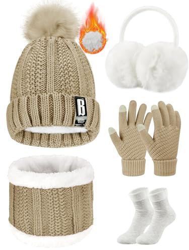 Voqeen Wintermütze Mütze Schal Handschuhe Set Damen Fleecefutter Strickmütze mit Pompon Touchscreen Handschuhe Weiche Wärmer Winter(Hellbraun)