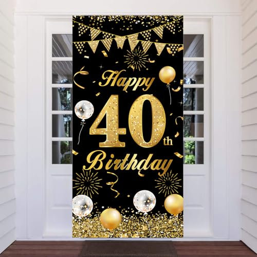 40.Geburtstag Banner Schwarz Gold, 40 Jahr Geburtstag Deko Tür Hintergrund für Männer Frauen, Großer Stoff 40 Geburtstag Party Dekoration Türbanner für Tisch Wand Dekoration, 180 x 90cm