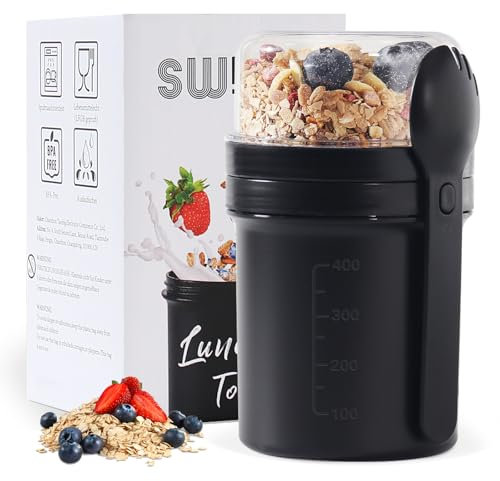 Swkien MüSlibecher to Go, Joghurtbecher to Go 450ml+250ml, Joghurt to Go Becher mit Löffel, Müsli Becher to Go für Müsli & Joghurt, Auslaufsicherer Müsli Cup to Go, Lunchpot(Schwarz)