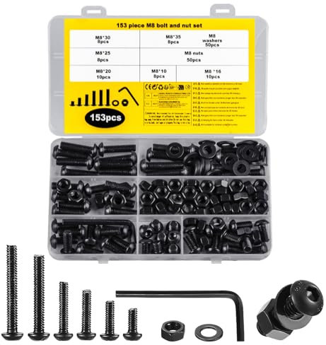 153 Pcs M8 Screws Set,M8 Button Head Bolts Set, Nuts and Bolts Assortment Kit, Black Hex Socket Button Head Screws,with Hex Wrench