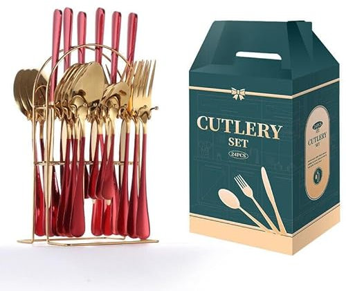 FATASH Cutlery Set for 1-6 People, 24pcs Stainless Steel Silverware with Hanging Stand, Mirror Polished Flatware Tea Spoon, Fork, Butter Knife, Smooth Edges & Dishwasher Safe Dinner Tableware Red Gold
