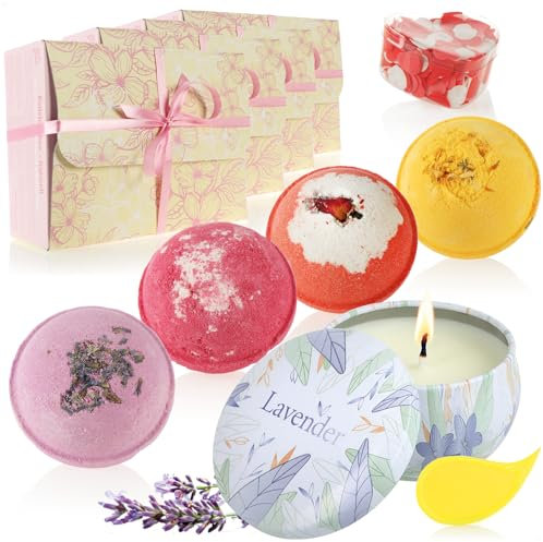 Wilhelm Sell® Geschenk-Box für Valentinstag, Geburtstag, Muttertag - Insgesamt 4X Badebomben, 1x Badekonfetti und 1x Sojawachskerzen - Wellness-Sets für Frauen und Männer zur Entspannung