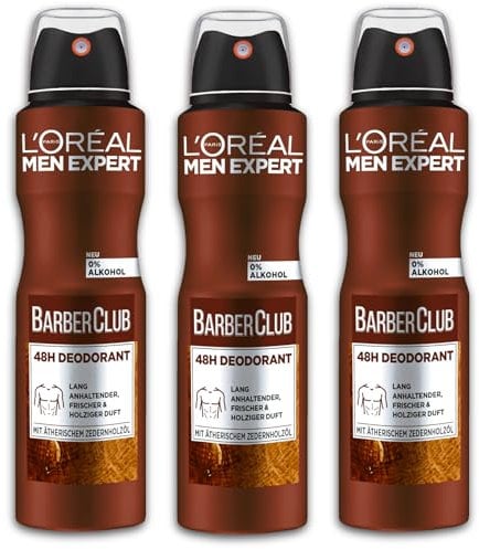 3 er Pack L’Oréal Paris men expert Deospray Barber Club Antitranspirant mit holzigem Duft Deodorant 34x 150 ml