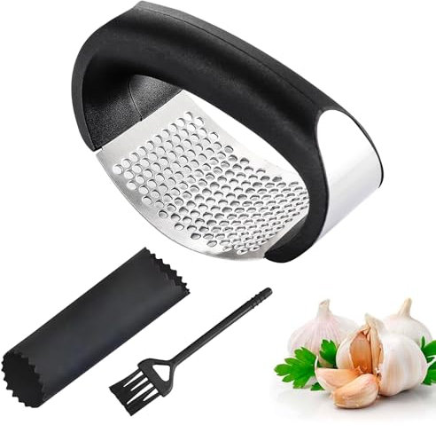 Garlic Press Crusher Stainless Steel Garlic Press Rocker Set with Cleaning Brush and Garlic Crusher Kitchen Garlic Ginger Mincer Kitchen Accessories