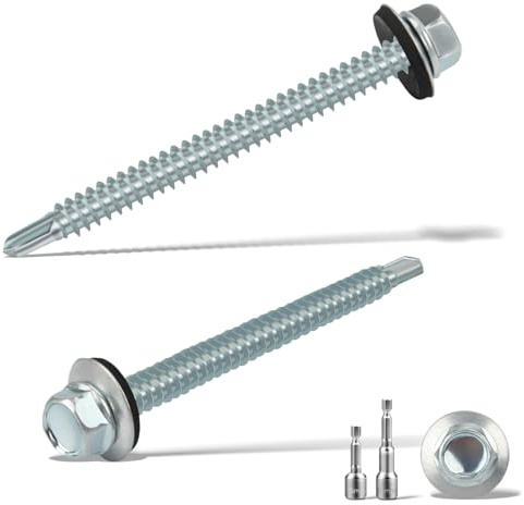 sturiz 50PCS 6.3x75 mm Self Drilling Screws for Metal Roofing Screws with Rubber Washers Hex Head Self Tapping Screws und 2 M10 Hex Socket Tech Screws Zinc Corrugated Roof Fixings for Tin Roof