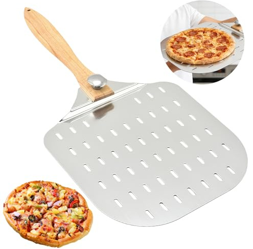 Pala per pizza perforata: 12 pollici in alluminio anodizzato, per pizza con manico anti-scottatura, manico lungo rimovibile-31 x 31 cm