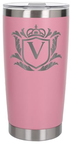 Customised Gifts 500ml Engraved Shield Initial Monogram Insulated Personalised Light Pink Travel Mug for Men and Women - Personalised Initial Coffee Travel Mug for Hot and Cold Beverages, Letter V