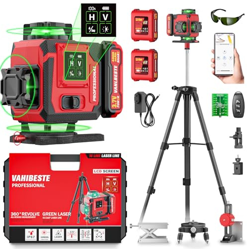 Vahlbeste Livella Laser con Treppiede,Livella Laser Autolivellante 360 con 2x4800mAh Batterie,4x360 °Livello Laser con Display LED,16 Linee Laser Verde/APP/Telecomando per l'edilizia/Appendere Quadri