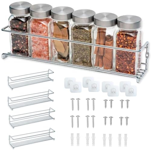 Gewürzregal Wand 4 Set Gewürzregal Hängend Ohne Bohren Küchen Gewürzregal Metall Spice Rack Wall Küchenregal Hängend Gewürzständer Für Küchenschrank Duschablage Hängen Wall Organiser, Silber