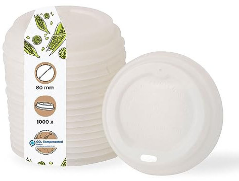 BIOZOYG couvercles gobelet café à emporter Ø 80mm I 1000 couvercles pour gobelet en papier en CPLA bioplastique 100% biodégradables, compostables I Trou paille couvercle gobelet plat blanc