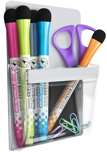 YES4QUALITY Magnetic Pen Holder for Refrigerator with Strong Magnetic Back, Dry Erase Marker Holder Ideal for Whiteboard & Fridge, Clear & White Pencil Cup