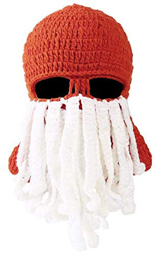 DELIBEST Bartmütze Beanie Mütze Strickmütze Winter Warm Octopus Hut Winddicht Lustig Für Damen & Herren Einheitsgröße Orange/Weiß