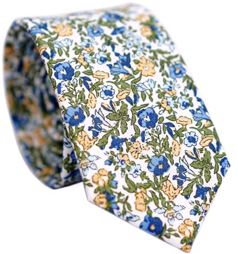 BELLUNO Floral Skinny Krawatte für Herren, Print Blume Krawatte für Hochzeit, Trauzeugen, Missionen, Tänze, Baumwolle Slim Tie + Geschenkbox, Blue Impatiens, Dünn