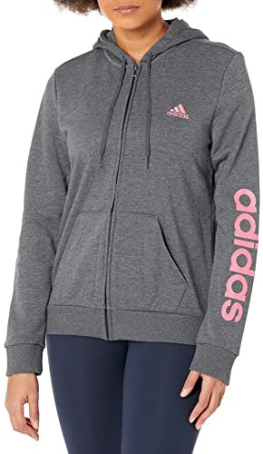 adidas Women's Standard Essentials Logo Full-Zip Hoodie, Dark Grey Heather/Rose Tone, Small