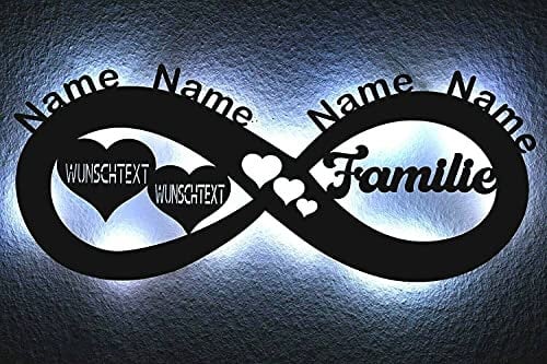 Familie neu Deko LED Schlummerlicht Nachtlicht Unendlichkeit, Herzchen Unendlichkeitszeichen personalisiert mit Wunschtext & Namen - Family Geschenk Infinity