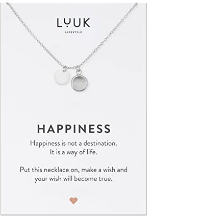 LUUK LIFESTYLE Damenkette aus Edelstahl mit Glaskristall Anhänger in Weiß, Freundschaftskette, verstellbare 50 cm verstellbare Kettenlänge, HAPPINESS Spruchkarte, Silber