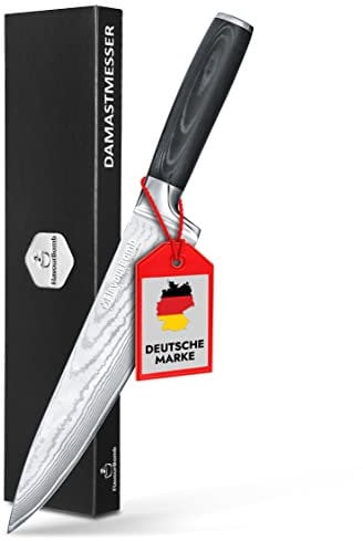 FlavourBomb Damastmesser aus echtem Damaszener Stahl - Damast Küchenmesser | [20cm Klinge + Micarta Griff] | Kochmesser Profi Messer + Jetzt gratis Ebook sichern