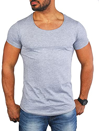 Young & Rich Herren Uni T-Shirt mit tiefem Rundhals Ausschnitt einfarbig körperbetontes Basic Tee Vintage Look 1702, Grösse:L, Farbe:Grau - Melange