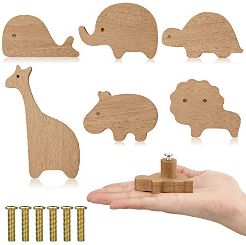 Qunclay Schrankknäufe aus Holz, dekorative Holzknöpfe mit Schrauben, Kommode, Ziehen, Holz, Marine, Wald, Tiere, Möbelknöpfe, Kinderzimmer, Schubladengriffe für Dekoration (Zoo, 6 Sets)
