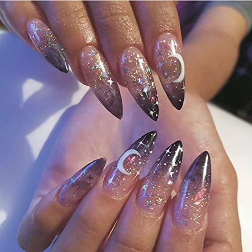 Carufin 24 PCS Drôle Faux Ongles Lune Étoiles Acrylique Faux Ongles Appuyez sur Ongles Longs Artificiels Faux Ongles pour Femmes Filles (A)