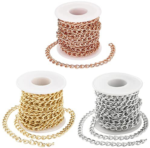 Jaydis 3 Rollen Aluminium Panzerketten 10 x 6,5 mm Link Gold Silber Roségold Kette mit Spule für Anhänger Halsketten Schmuckherstellung 15 m