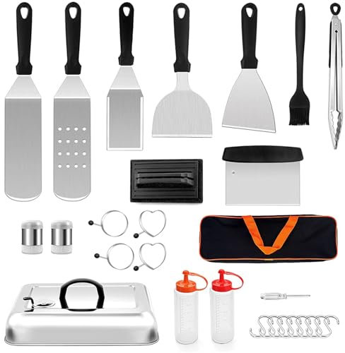 Leonyo Grillzubehör Set mit 25 Stück, robuste Edelstahl-Grillplatte Metallspatel für den Außenbereich, Gusseisen, flache Oberseite, Teppanyaki, Hibachi, Kochen, Burgerpresse, BBQ Zange, Tragetasche