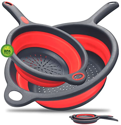 Walfos Silicone Pasta Colander - Collapsible Colander with Handle Set, Set of 2, Space-Saving Kitchen Strainers, 1.5 Quart, 2 Quart, BPA Free & Dishwasher Safe, for Pasta, Vegetables, Fruits (Red)