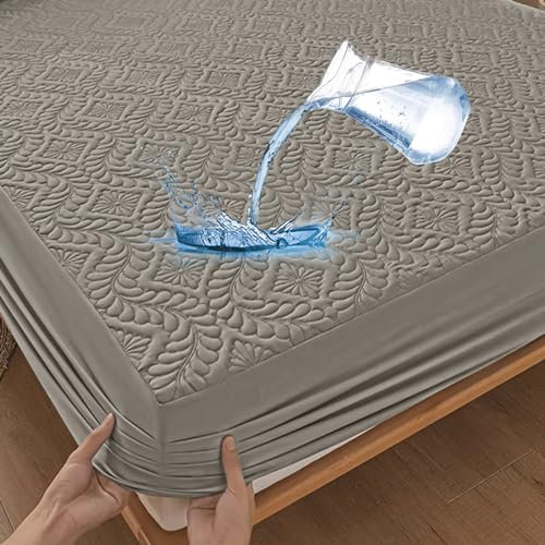 Wasserdichter Matratzenschoner 200x200cm Spannbettlaken Luxus, 3D-Muster, Super saugfähig, Atmungsaktive Matratzenbezug Wasserundurchlässiger Matratzen-Schutz Nässeschutz Spannbetttücher - Grau