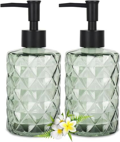 2 Glas Seifenspender Grün, 330ml/11oz Flüssigseifenspender mit Kunststoff Pumpkopf, Nachfüllbarer Handseifenspender für Küche Badezimmer, Schaumseifenspender, Spülmittelspender, Shampoo Flaschen
