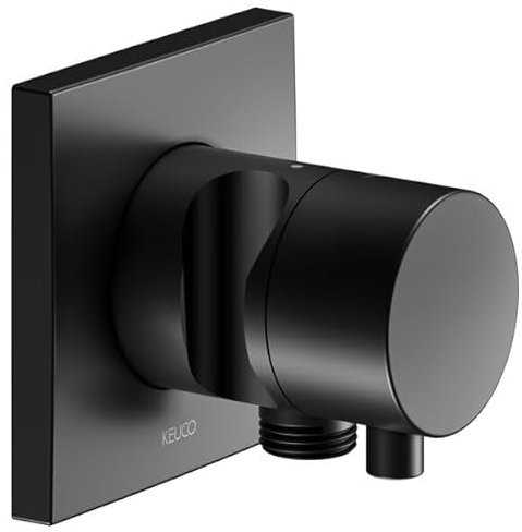 KEUCO IXMO robinet d'arrêt encastré, 1 consommateur avec raccord de flexible et support de douche avec poignée Comfort, rosace carrée, 59541371202, Couleur: Noir Mat