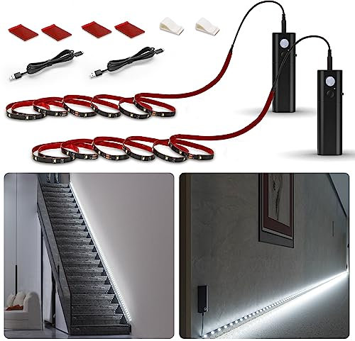 WOBANE LED Wardrobe Light Motion Activated,Battery Operated 2 x 2m LED Strip Lights,Rechargeable Motion Sensor Night Lights for Closet, Stair,Pantry,Counter,Cabinet,Bed,6000K,2pack,Black