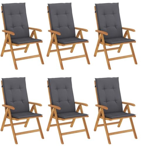 vidaXL Gartenstühle 6 STK., Gartenstuhl mit Kissen, Stuhl Sessel Hochlehner Verstellbar Klappbar, Klappstuhl Terrassenstuhl, Massivholz Teak