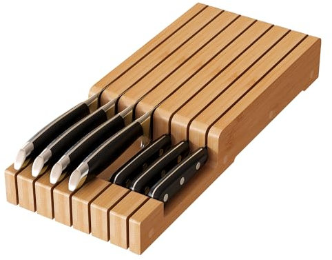 In-Drawer Bamboo knife block,Drawer Knife Storage Steak Knife Holder Without Knives,Holds up to 7 Knives(Not Include)