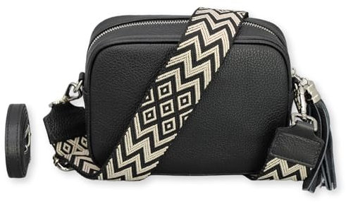 BRISE Umhängetasche Damen Echtleder KIRA Silber Handgemachte Crossbody Bag Schultertasche mit Ledergurt + Optionalen Breiten Gemusterten Riemen Verstellbarer Gurt Made in Italy (Schwarz - 3)