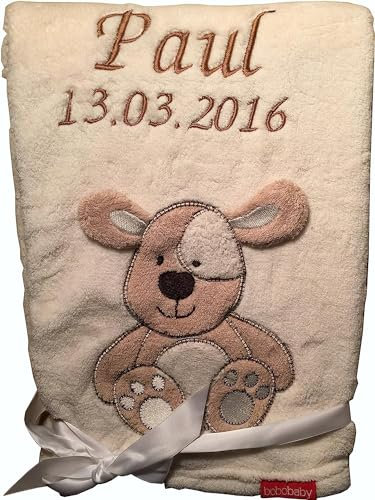 KIDDI-MEDIA Hundedecke mit Namen Bestickt Applikationen, 2-zeilige Beschriftung (BEIGE Hund)