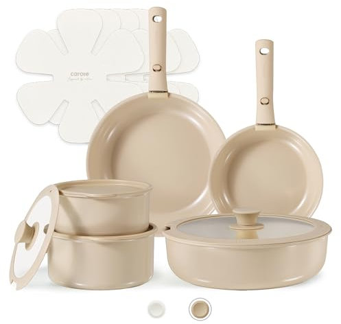 CAROTE 17pcs Pots and Pans Set, Ceramic Cookware Set Detachable Handle, Induction Nonstick Kitchen Sets with Removable Non Stick RV Oven Safe Taupe,(C07787)