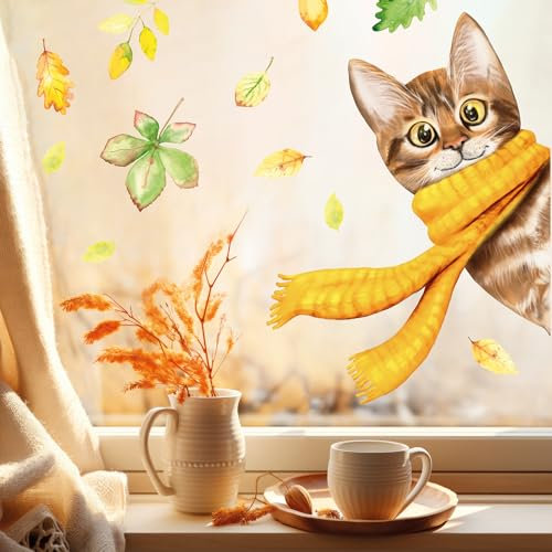 Wandtattoo Loft Fensterbild Herbst reinschauende Katze Schal bunte Blätter herbstlicher Fensteraufkleber Fensterdeko, A3 Bogen