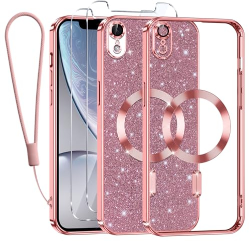 Kokio Glitter Magnetica Cover per iPhone XR con Cordino, Compatibile con MagSafe, Brillantini Sottile Silicone TPU Antiurto Custodia per iPhone XR con 2 Vetro Temperato Bumper, Rosa