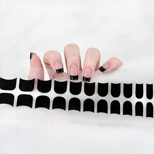 22PCS Semi Cured Gel Nail Polish Strips, Self-Adhesive Full Wrap Nail Polish Stickers Salon-Quality Gel Nail Stickers, French Black Tip Manicure Nail Wraps with Prep Pads, Nail File & Wood Stick