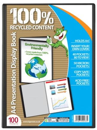 Eco-Friendly A4 Presentation Display Book 100% Recycled Content 100 Pockets Holds A4 100 Pockets 200 to View 50 Micron Pockets Includes Display Box Copy Safe Pockets Acid Free Pockets
