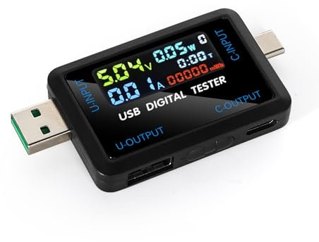 DEWIN Tester USB,0-5A 4.5-36V Tester USB C Multimetro Digitale Misuratore di Corrente USB Tester di Corrente Mobile for Caricabatterie Mobile for Dispositivo Mobil (Porta USB+Porta Tipo C)